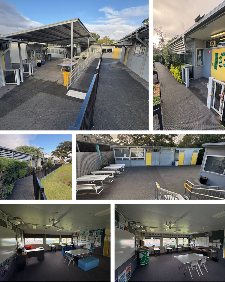 Collage of images including the outside of Thrive Academy buildings and inside two classrooms.