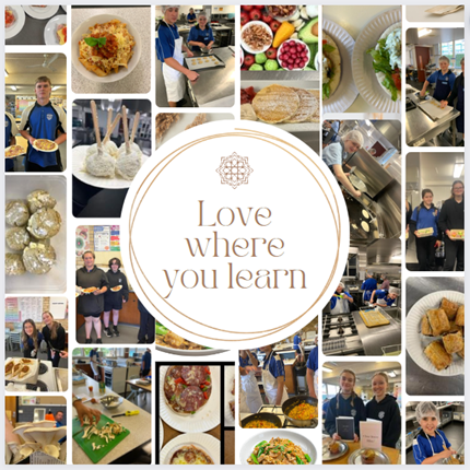 Collage photos of students during cooking. Love where you learn written inside a circle shape.