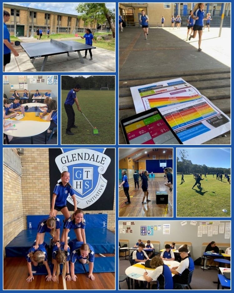 Collage of photos showing students participating in various PDHPE activities.